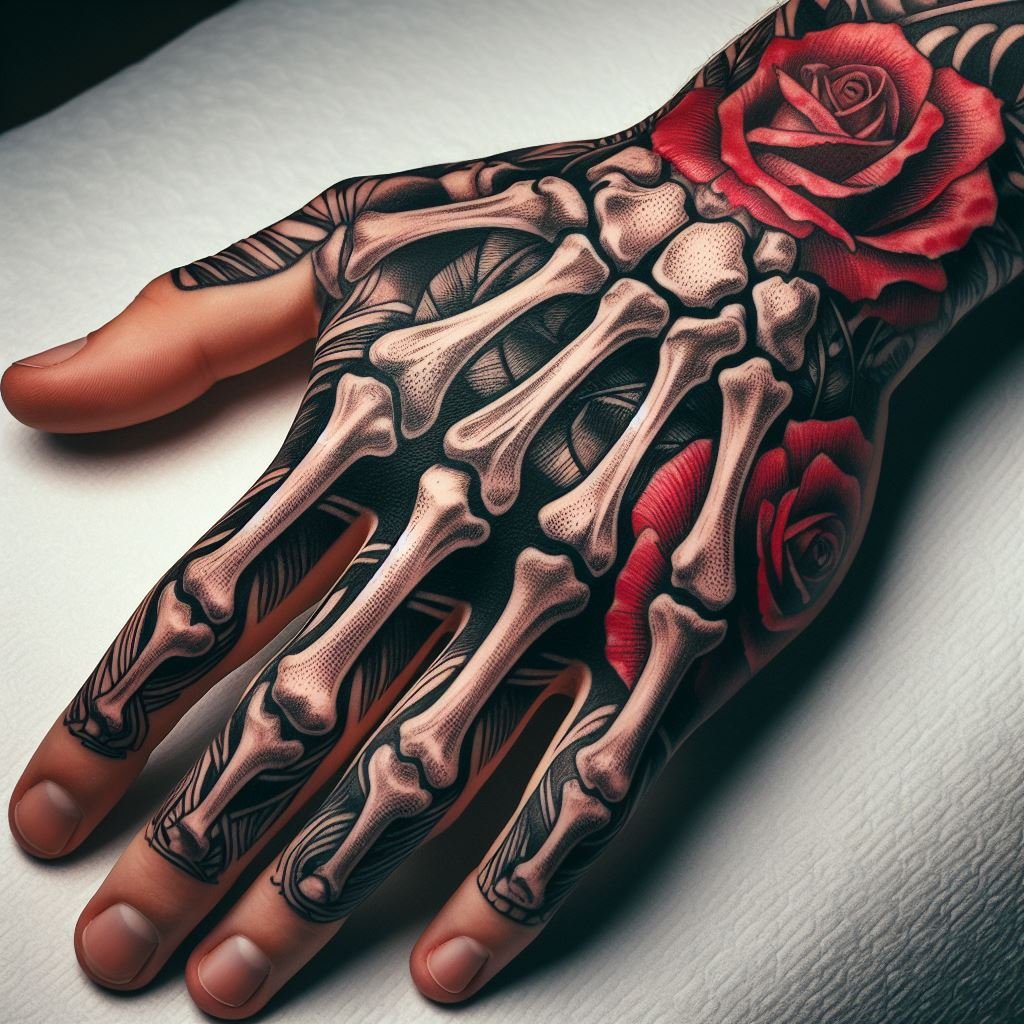 Skeleton Hand Tattoo: Unveiling the Power and Beauty of Bony Brilliance | Pocoko A Garden of Memories: This Skeleton Hand Tattoo creates a captivating scene. The meticulously detailed bones and joints form a hand that emerges from a bed of large, vibrant red roses. The striking design symbolizes the enduring power of memories, even after death. The roses bloom around the skeletal hand, signifying the cherished memories that continue to blossom long after life has passed. #pocoko #skeletonhandtattoo #rosetattoo #memorytattoo