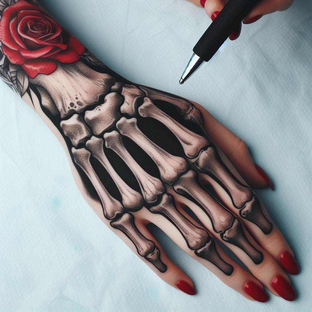 Skeleton Hand Tattoo: Unveiling the Power and Beauty of Bony Brilliance | Pocoko Love Never Dies: This hauntingly beautiful Skeleton Hand Tattoo features a powerful contrast. A meticulously detailed hand rendered in bone reaches out to cradle a stunning red rose on the wrist. This design symbolizes the enduring power of love, a vivid reminder that love transcends the boundaries of life and death. #pocoko #skeletonhandtattoo #rosetattoo #eternallove