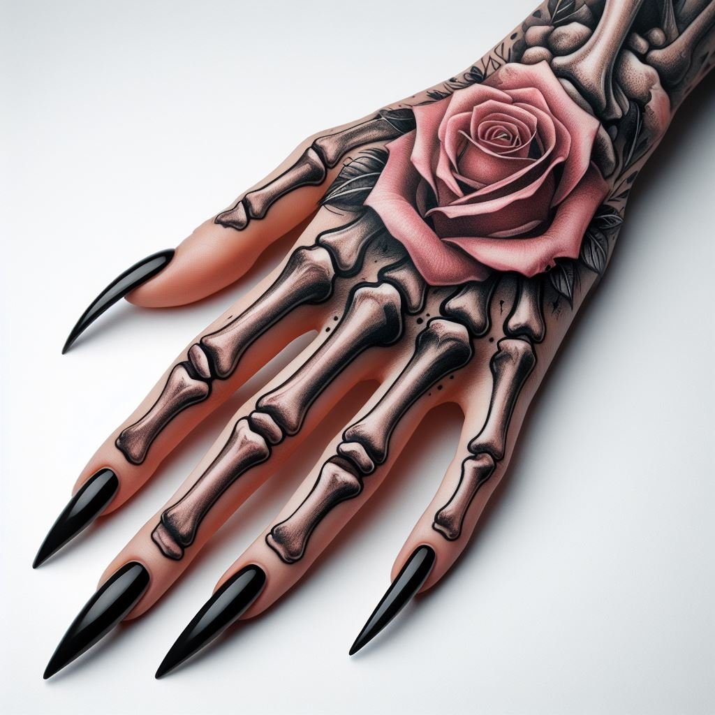 Skeleton Hand Tattoo: Unveiling the Power and Beauty of Bony Brilliance | Pocoko A Promise Beyond the Grave: This Skeleton Hand Tattoo offers a hopeful message. The meticulously detailed bones and joints form a hand gently cradling a large, soft pink rose. This design symbolizes the promise of love and peace that can endure beyond the boundaries of life. #pocoko #skeletonhandtattoo #pinkrosetattoo #eternalpeace