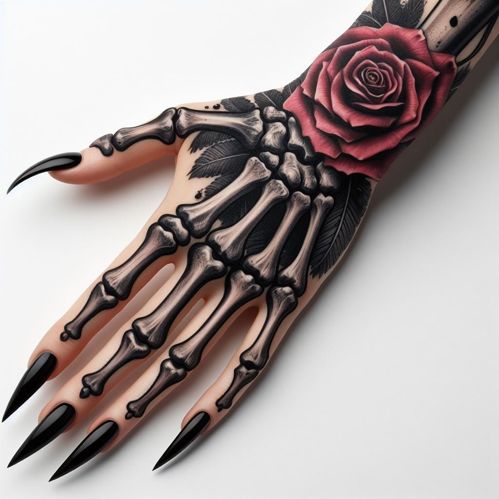 Skeleton Hand Tattoo: Unveiling the Power and Beauty of Bony Brilliance | Pocoko Memento Mori in Bloom: This Skeleton Hand Tattoo offers a beautiful reminder. The meticulously detailed bones and joints form a hand, reaching out to hold a vibrant red rose on the wrist. This captivating design symbolizes the fleeting nature of life (memento mori) contrasted by the enduring beauty of love and passion. #pocoko #skeletonhandtattoo #rosetattoo #loveanddeath