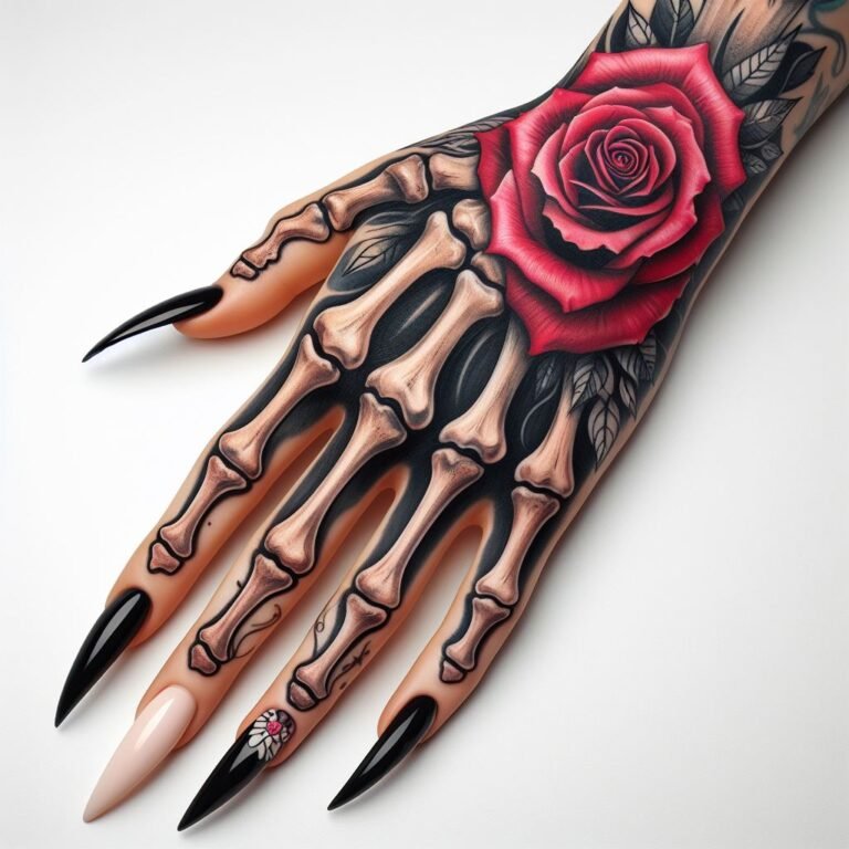 Love's Eternal Bloom: This captivating Skeleton Hand Tattoo showcases a powerful contrast. A meticulously detailed hand rendered in bone reaches out to hold a stunning rose on the wrist. This design symbolizes the enduring power of love, a vivid reminder that love transcends the boundaries of life and death. #pocoko #skeletonhandtattoo #rosetattoo #eternallove