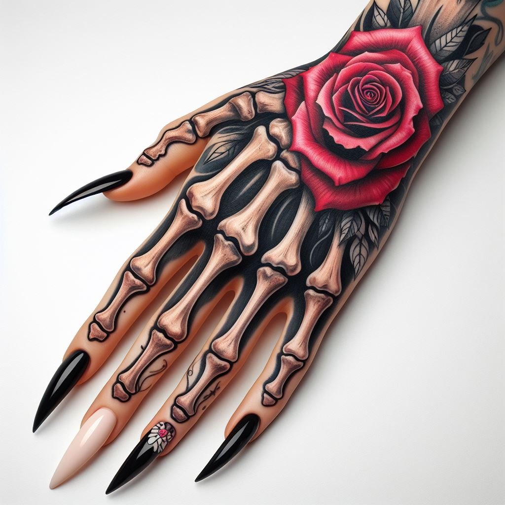 Skeleton Hand Tattoo: Unveiling the Power and Beauty of Bony Brilliance | Pocoko Love's Eternal Bloom: This captivating Skeleton Hand Tattoo showcases a powerful contrast. A meticulously detailed hand rendered in bone reaches out to hold a stunning rose on the wrist. This design symbolizes the enduring power of love, a vivid reminder that love transcends the boundaries of life and death. #pocoko #skeletonhandtattoo #rosetattoo #eternallove