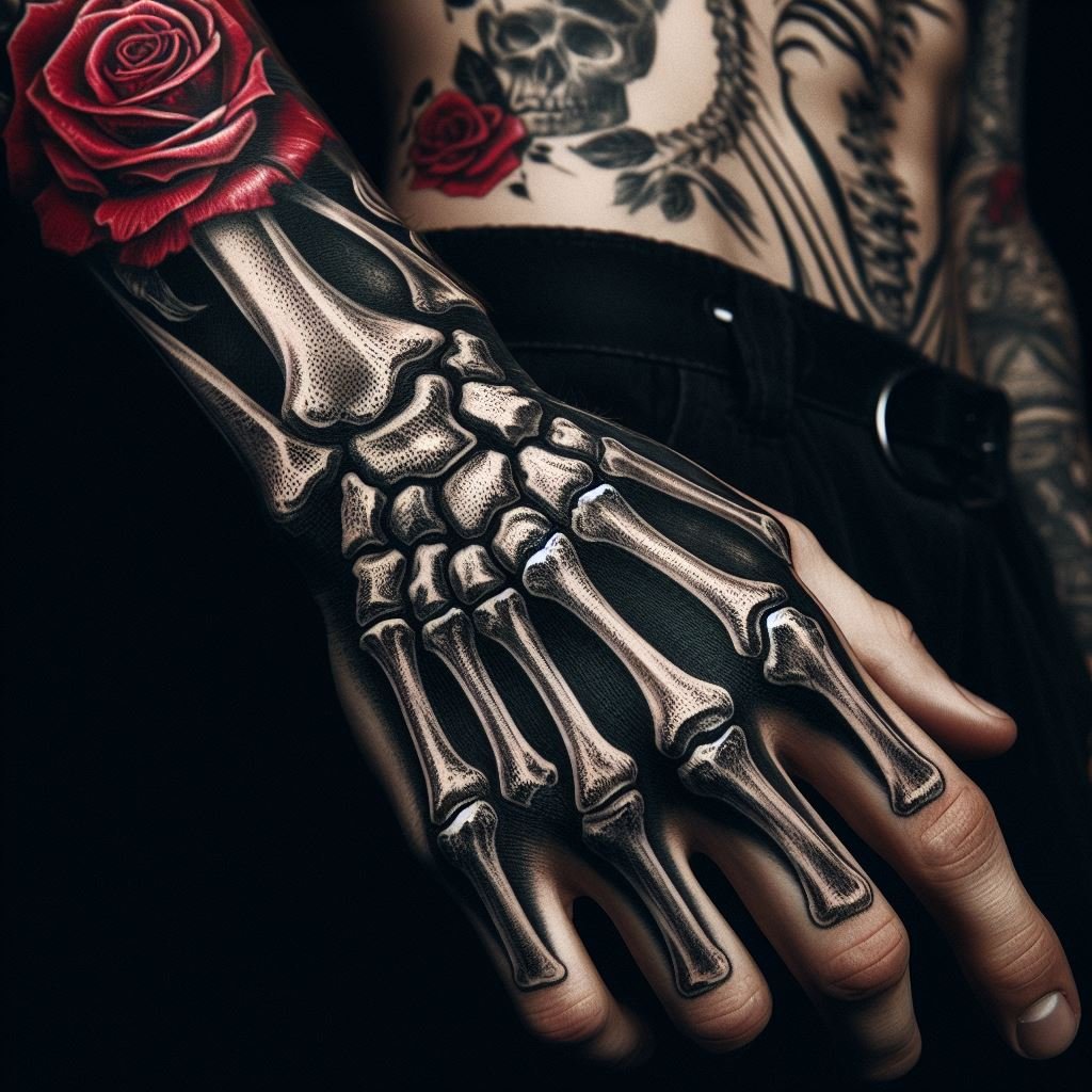 Skeleton Hand Tattoo: Unveiling the Power and Beauty of Bony Brilliance | Pocoko Memento Mori in Bloom: This Skeleton Hand Tattoo offers a beautiful reminder. The meticulously detailed bones and joints form a hand, reaching out to hold a vibrant rose on the wrist. This captivating design symbolizes the fleeting nature of life (memento mori) contrasted by the enduring beauty of love and passion. #pocoko #skeletonhandtattoo #rosetattoo #loveanddeath