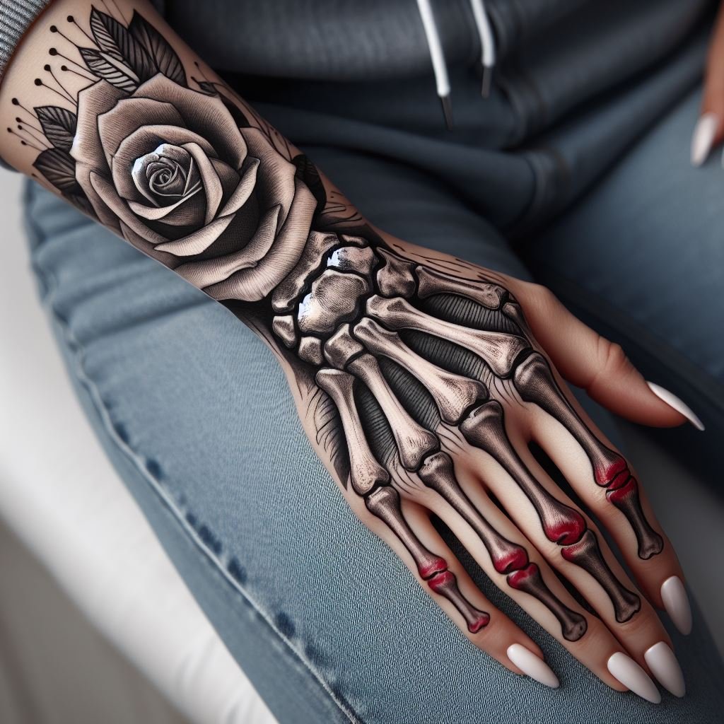 Skeleton Hand Tattoo: Unveiling the Power and Beauty of Bony Brilliance | Pocoko This hauntingly beautiful Skeleton Hand Tattoo tells a story of life and love. The meticulously detailed bones and joints intertwine with a delicate rose blooming on the wrist. This design represents the enduring power of love, even beyond the grave. #pocoko #skeletonhandtattoo #rosetattoo #loveafterlife