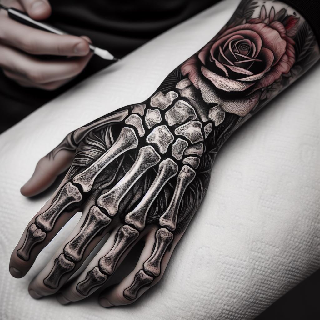 Skeleton Hand Tattoo: Unveiling the Power and Beauty of Bony Brilliance | Pocoko This Skeleton Hand Tattoo features a captivating contrast. The meticulously detailed bones and joints form the hand, which cradles a beautiful rose blooming on the wrist. This design symbolizes the beauty that can emerge even in the face of mortality. #pocoko #skeletonhandtattoo #rosetattoo #beautyindecay