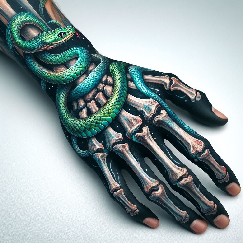 Skeleton Hand Tattoo: Unveiling the Power and Beauty of Bony Brilliance | Pocoko This captivating tattoo showcases a realistic skeleton hand on the wearer's hand. The meticulously detailed bones and joints create a stunning contrast against a vibrant green snake that coils sinuously across the palm. This design symbolizes enduring life even in the face of mortality, with a pop of color that grabs attention. #pocoko #skeletonhandtattoo #snaketattoo #lifeanddeath