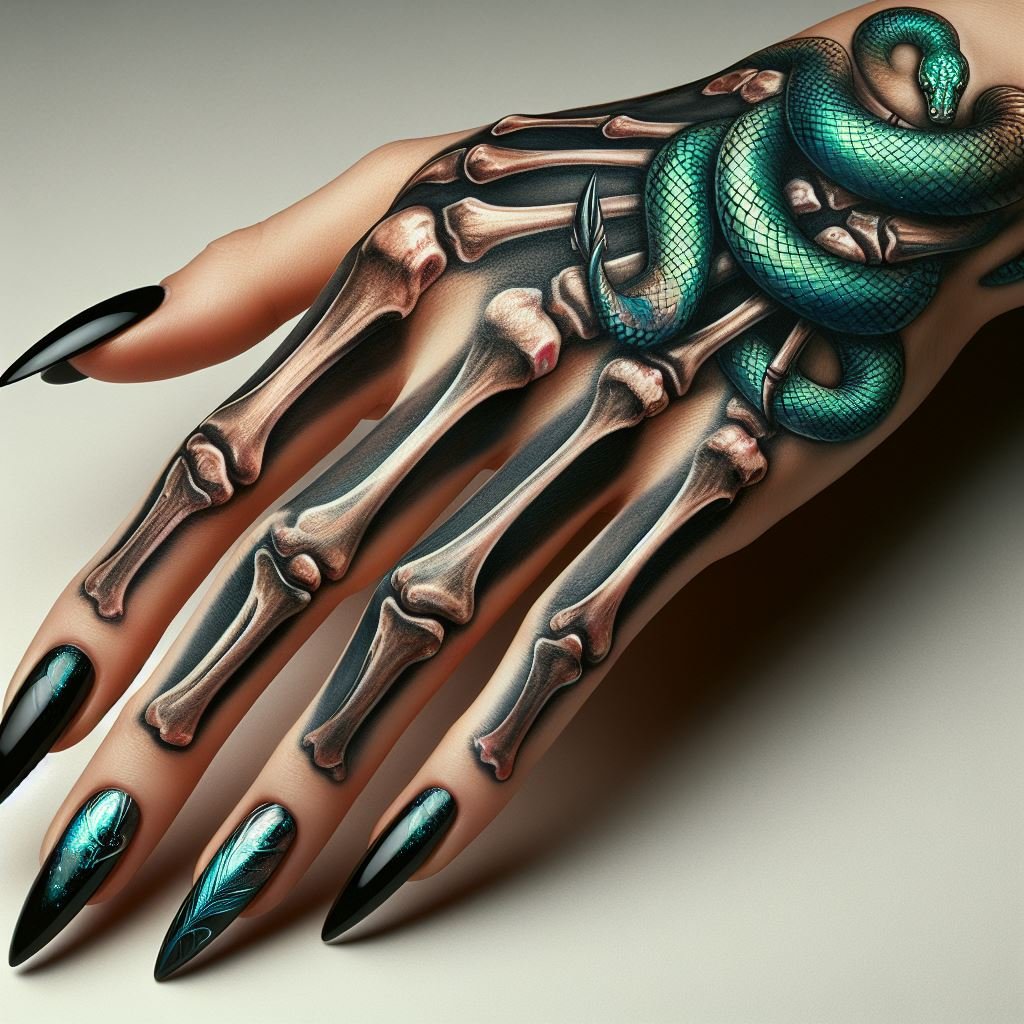 Skeleton Hand Tattoo: Unveiling the Power and Beauty of Bony Brilliance | Pocoko Undying Spirit: This skeleton hand tattoo boasts a life-like green snake winding its way across the intricate bones. The design represents the resilience of the spirit, even in the face of death. #pocoko #skeletonhandtattoo #undyingspirit #tattooflash