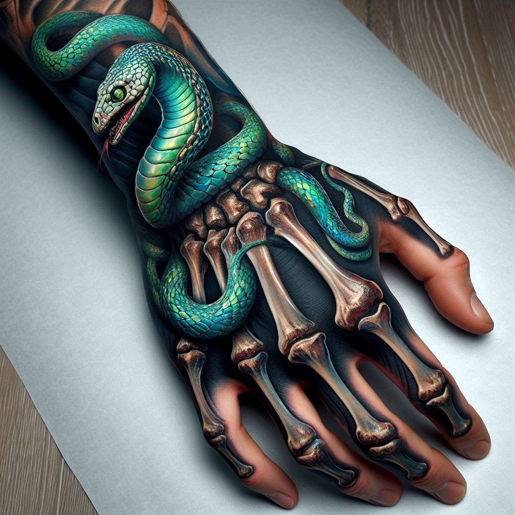 Skeleton Hand Tattoo: Unveiling the Power and Beauty of Bony Brilliance | Pocoko Emerald on Bone: This skeleton hand tattoo combines a detailed bone structure with a stunning emerald green snake slithering across the palm. The contrasting elements create a captivating design that symbolizes the beauty in mortality. #pocoko #skeletonhandtattoo #emeraldtattoo #tattooshop