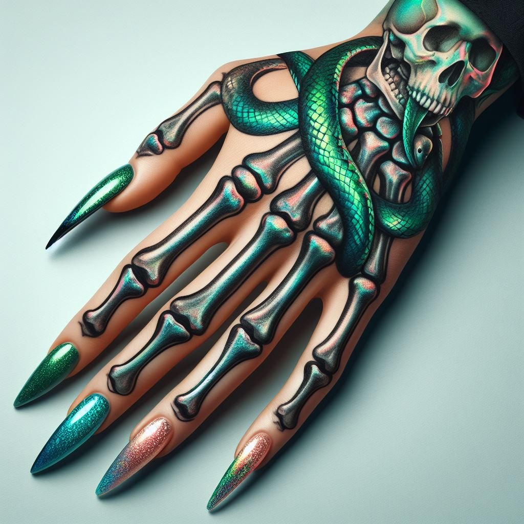 Skeleton Hand Tattoo: Unveiling the Power and Beauty of Bony Brilliance | Pocoko A Touch of Spring: This skeleton hand tattoo bursts with life thanks to a vibrant green snake adorning the meticulously detailed bones. It's a beautiful reminder of spring's renewal amidst the ever-present reality of death. #pocoko #skeletonhandtattoo #springtattoo #lifecycles