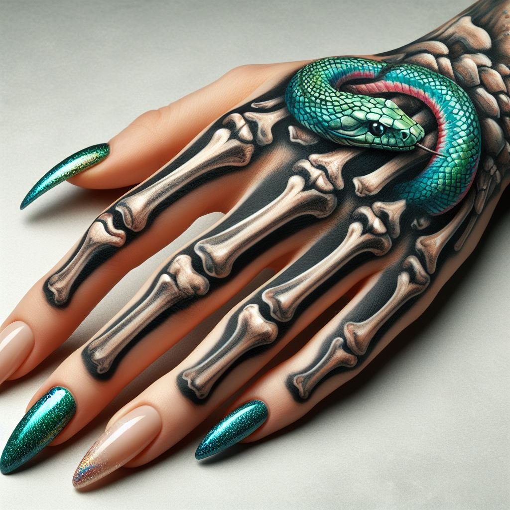 Skeleton Hand Tattoo: Unveiling the Power and Beauty of Bony Brilliance | Pocoko Undead Guardian: This captivating tattoo features a skeleton hand with a life-like green snake coiled protectively around its bony fingers. The design symbolizes the enduring spirit guarding against death's embrace. #pocoko #skeletonhandtattoo #undeadtattoo #guardianart