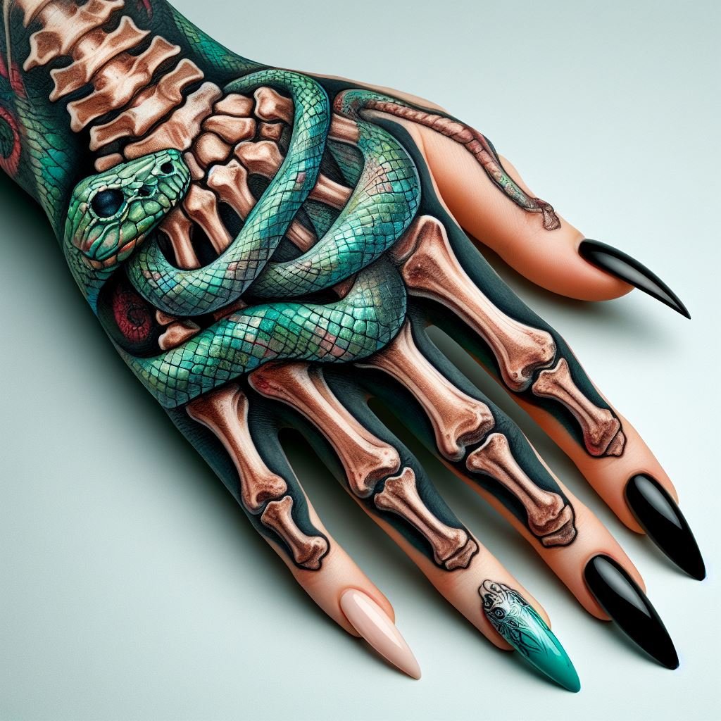 Skeleton Hand Tattoo: Unveiling the Power and Beauty of Bony Brilliance | Pocoko Transformation's Touch: This intricate tattoo features a skeleton hand adorned with a vibrant green snake. The detailed bones represent transformation, while the snake embodies the constant change and renewal of life. #pocoko #skeletonhandtattoo #transformationtattoo #lifecycles