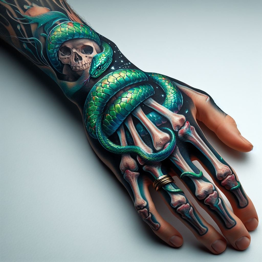 Skeleton Hand Tattoo: Unveiling the Power and Beauty of Bony Brilliance | Pocoko Life Emerges From Death: This skeleton hand tattoo takes a vibrant turn with a life-like green snake gracefully coiled across the meticulously detailed bones. It's a captivating reminder of life's enduring power. #pocoko #skeletonhandtattoo #snaketattoo