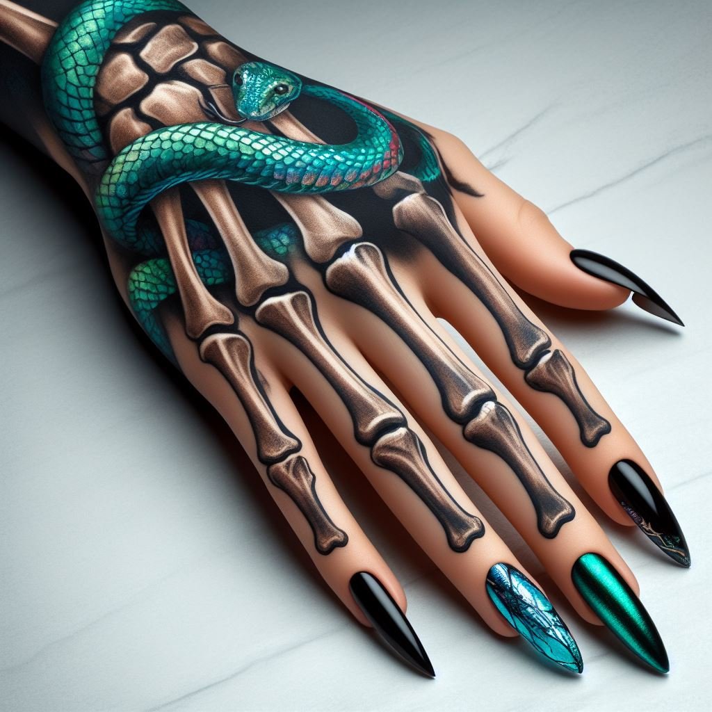 Skeleton Hand Tattoo: Unveiling the Power and Beauty of Bony Brilliance | Pocoko Beauty in Decay: This hauntingly beautiful skeleton hand tattoo features a realistic green snake slithering across the detailed bones. The design creates a stunning contrast, symbolizing the eternal cycle of life and death. #pocoko #skeletonhandtattoo #natureart #tattoodesign