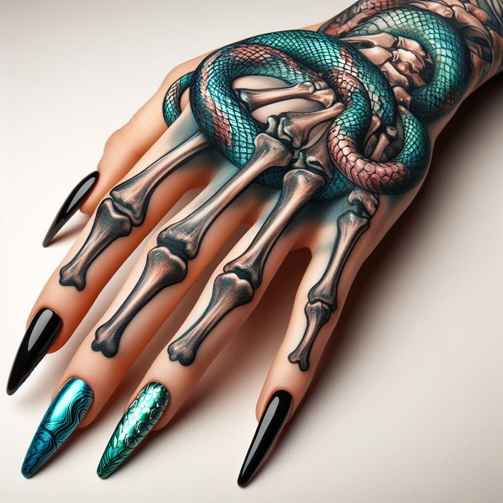 Skeleton Hand Tattoo: Unveiling the Power and Beauty of Bony Brilliance | Pocoko A Touch of Green: This intricate skeleton hand tattoo is brought to life by a vibrant green snake winding its way across the palm. The meticulously detailed bones create a captivating contrast, making a bold statement. #pocoko #skeletonhandtattoo #greensnektattoo #tattooideas