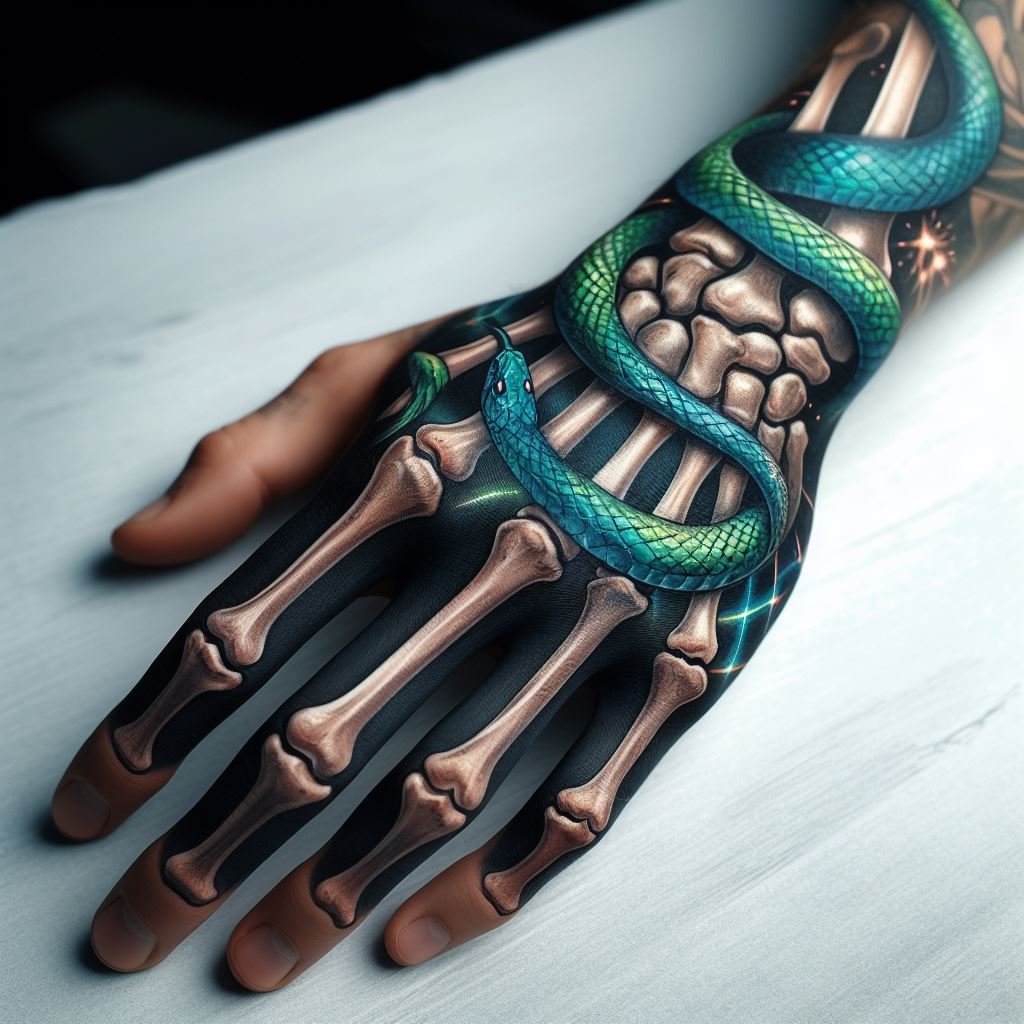 Skeleton Hand Tattoo: Unveiling the Power and Beauty of Bony Brilliance | Pocoko Hope Beyond the Grave: This skeleton hand tattoo with a vibrant green snake slithering across its bony canvas symbolizes the enduring hope for life beyond death. The detailed bones and the snake's color create a captivating contrast. #pocoko #skeletonhandtattoo #lifeafterdeath #tattooideas