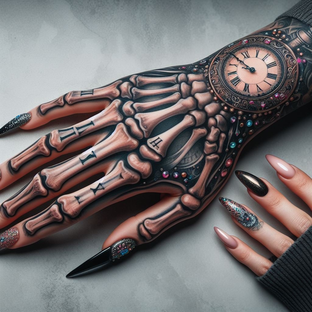 Skeleton Hand Tattoo: Unveiling the Power and Beauty of Bony Brilliance | Pocoko This skeleton hand tattoo transcends the ordinary with the incorporation of an antique watch dial. The meticulously detailed bones of the hand serve as a canvas for the aged watch face, creating a captivating contrast. This hauntingly beautiful piece reminds us that time waits for no one. #pocoko #skeletonhandtattoo #timelessart