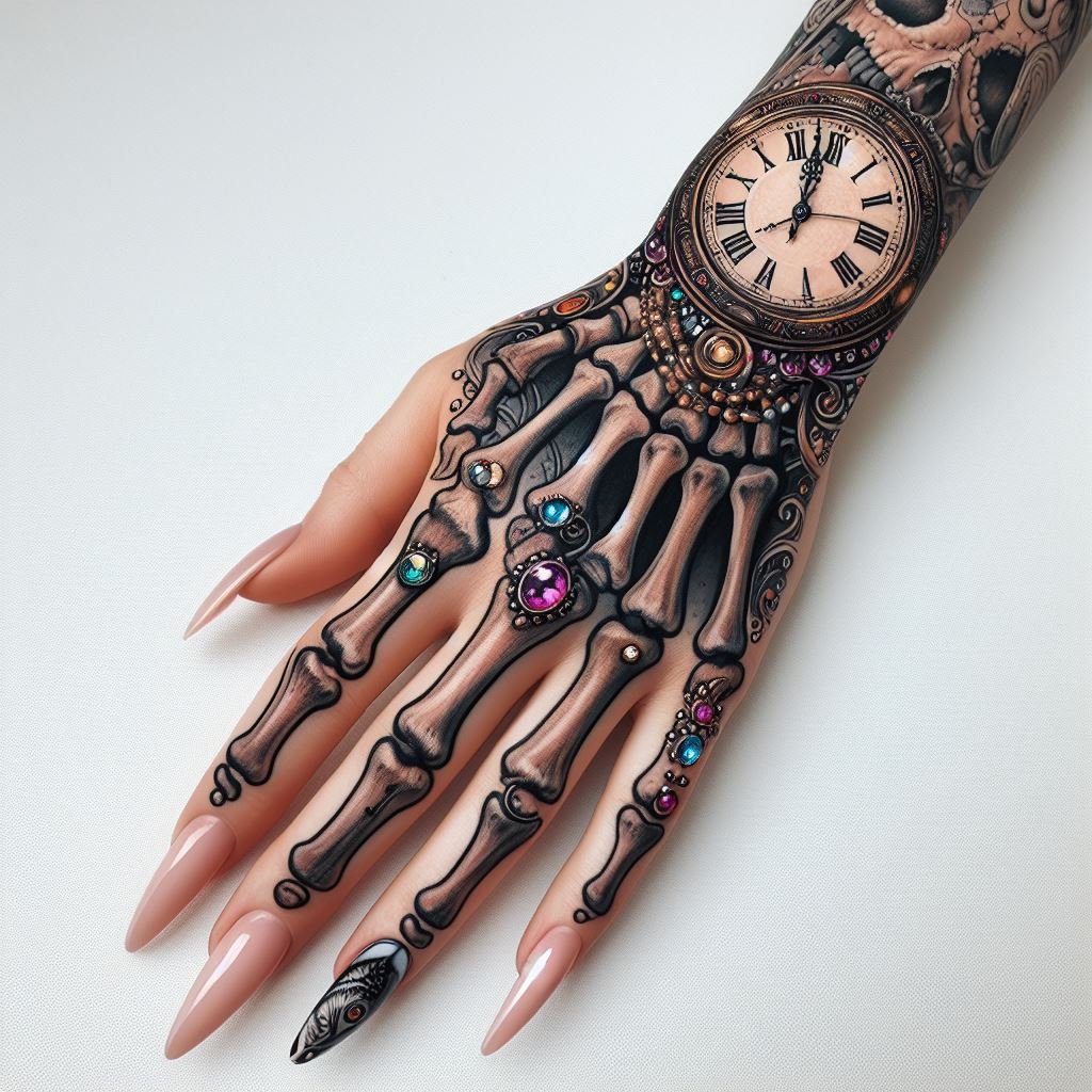 Skeleton Hand Tattoo: Unveiling the Power and Beauty of Bony Brilliance | Pocoko Elevate your body art with this captivating skeleton hand tattoo featuring an antique watch dial. The intricate bone structure intertwines seamlessly with the watch face, symbolizing the passage of time and the fleeting nature of life. #pocoko #skeletonhandtattoo #mementomori #tattooideas