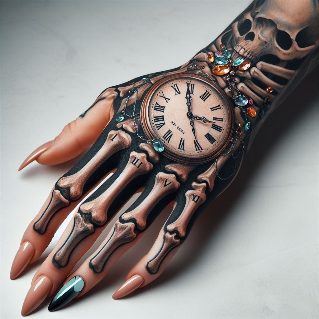 Skeleton Hand Tattoo: Unveiling the Power and Beauty of Bony Brilliance | Pocoko This skeleton hand tattoo takes a philosophical turn with the addition of an antique watch dial. The detailed bones create a striking backdrop for the aged face, a constant reminder of time's relentless march. #pocoko #skeletonhandtattoo #tempusfugit #tattooshop