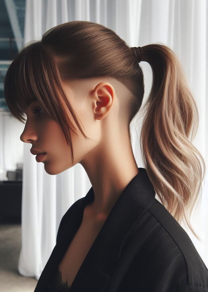 Edgy and high-fashion! This hairstyle combines the face-framing charm of curtain bangs with a trendy undercut and a high ponytail. The shaved sides add a touch of edge, while the ponytail keeps hair out of the face and shows off the long locks. Perfect for those who want a hairstyle that's both stylish and functional. #pocoko #curtainbangs #ponytail #undercut