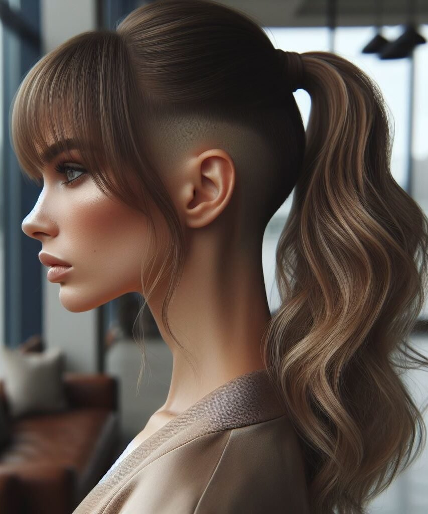Pony up with a punch! This fierce hairstyle pairs cool curtain bangs with a high pony and a peek-a-boo undercut. It's perfect for showing off your edgy side and keeping hair out of your face in style. #pocoko #curtainbangs #ponytailwithabang #undercuthairstyle