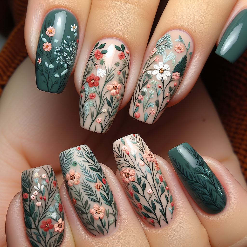 Unleash the magic of the forest on your fingertips! Delicate wildflowers and vines in cool greens and browns come together in this enchanting floral nail art design.