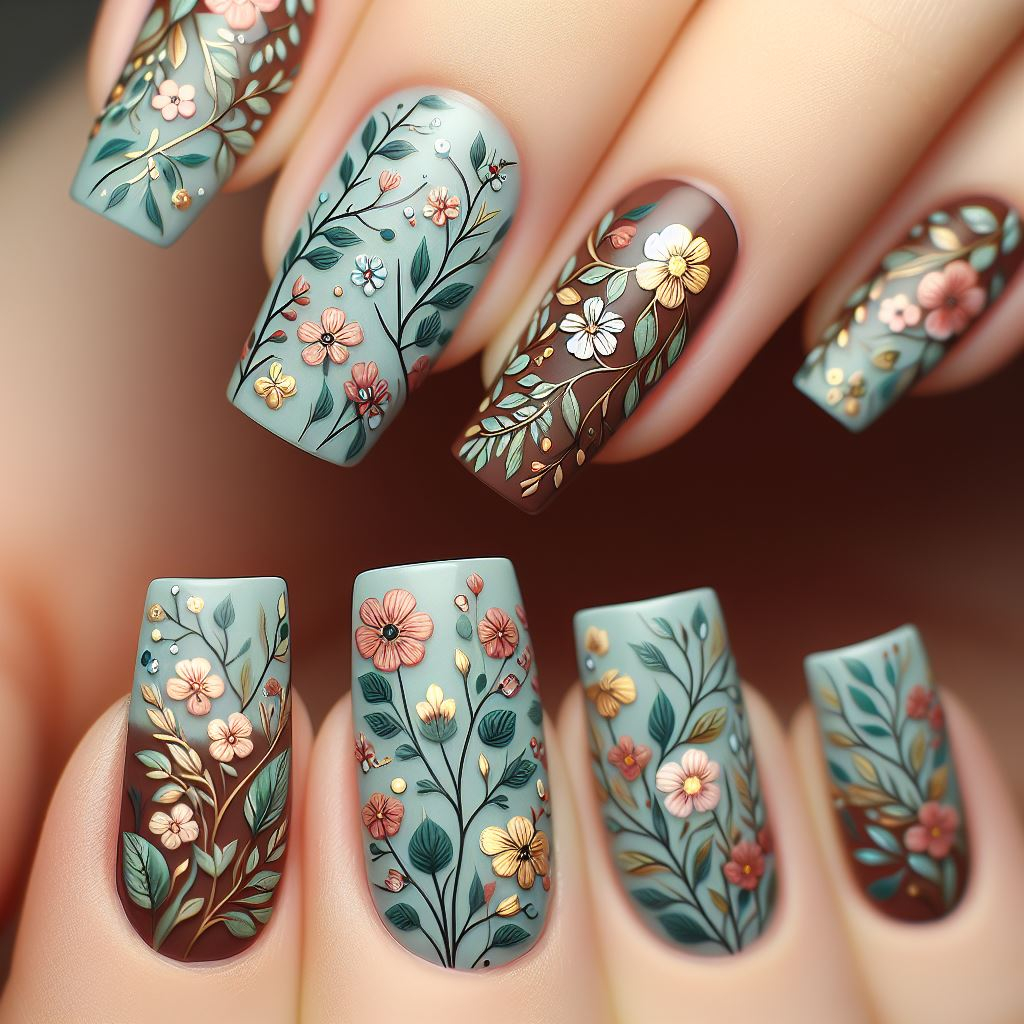 Breathe new life into your manicure! Forest-themed floral nail art features tiny flowers and vines in cool, mossy shades, creating a captivating natural look. (Floral Nail Art Ideas)