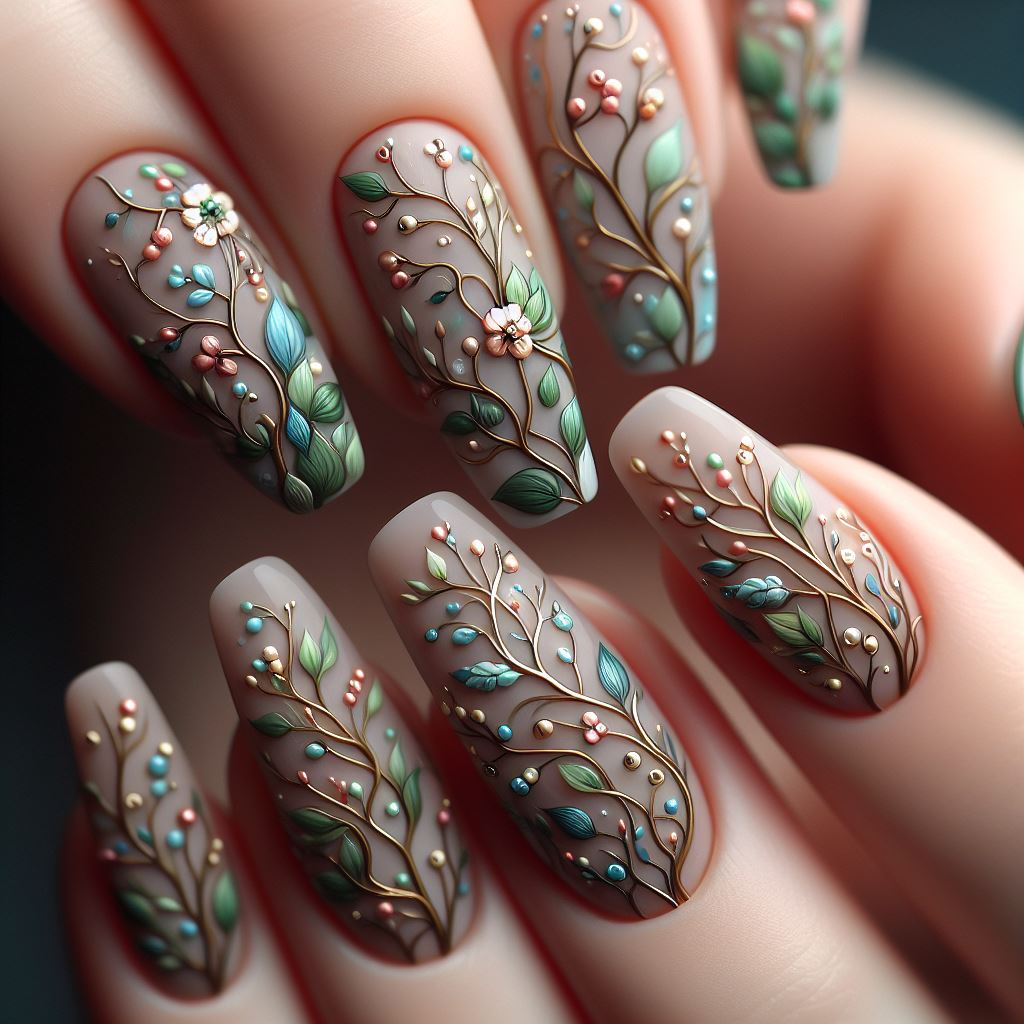 Channel the tranquility of the woods with forest-themed floral nail art! This design features tiny wildflowers and vines in calming greens and browns, perfect for a touch of nature's serenity. (Floral Nail Art Ideas)