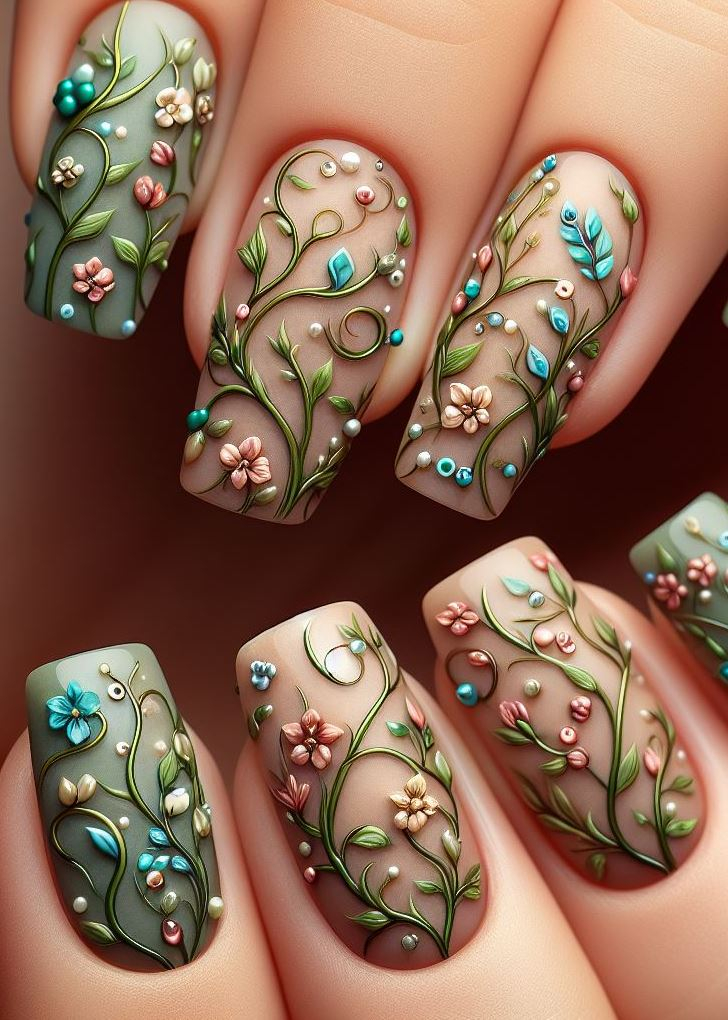 Let your nails bloom with the magic of the forest! This floral nail art design features delicate wildflowers and vines nestled amongst earthy browns and steely blues, perfect for a touch of whimsy.