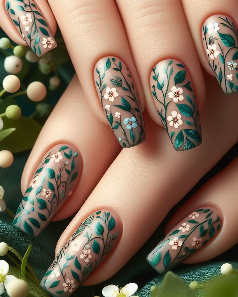 Calling all nature lovers! This forest-themed floral nail art features delicate wildflowers and vines in earthy tones, creating a whimsical escape on your fingertips. (Floral Nail Art Ideas)