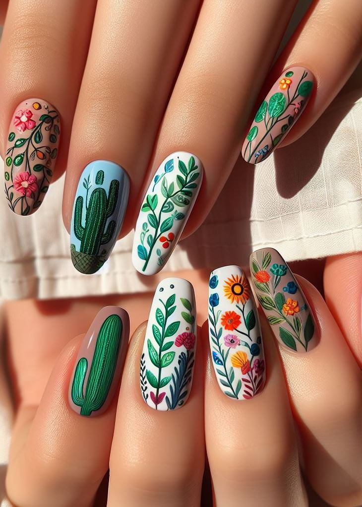 Ditch the ordinary! ✨ Forest-themed cacti and floral nail art with tiny wildflowers and vines in cool greens and browns is a unique and enchanting way to express your love for nature. 