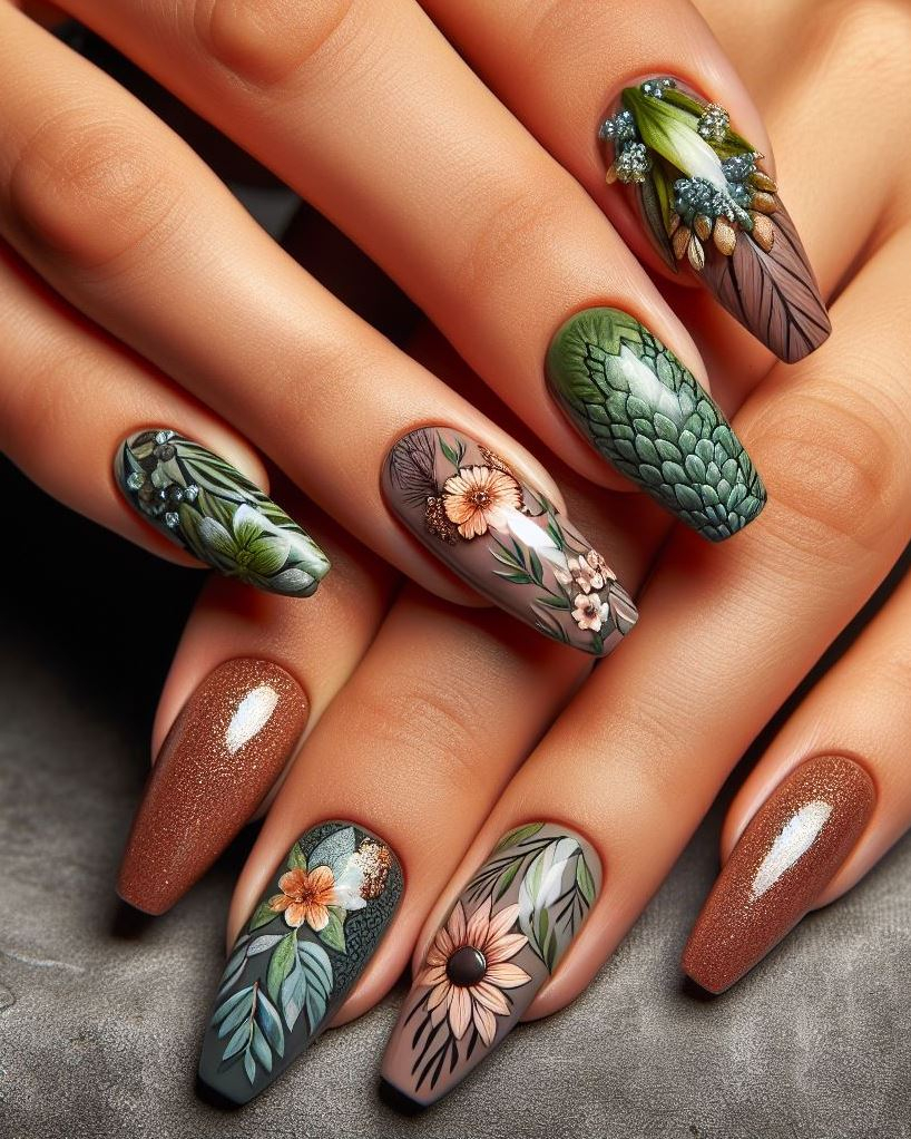 Channel the magic of a sun-dappled forest with this captivating floral nail art design. Delicate wildflowers and vines in earthy tones create a whimsical look perfect for free spirits.