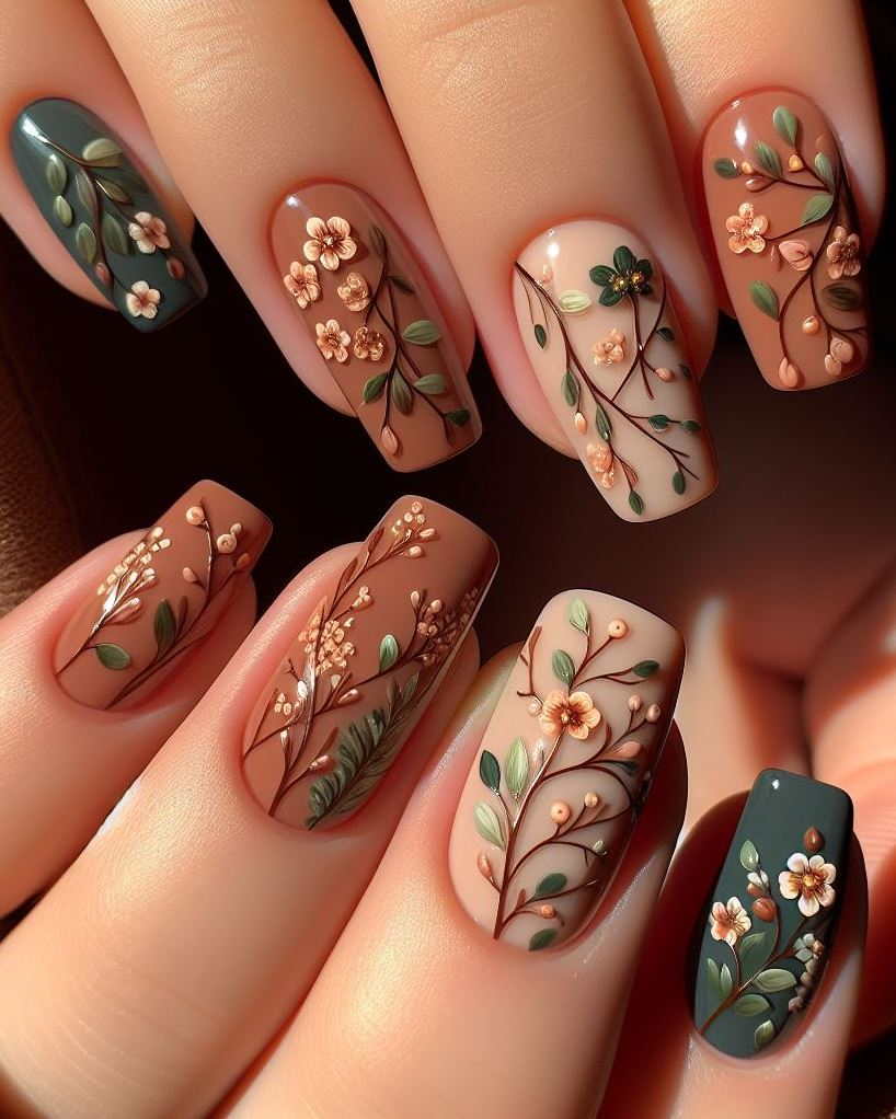 Obsessed with all things earthy? This forest-themed floral nail art featuring tiny flowers and vines in cool browns and mossy greens is the perfect way to show off your love for nature. (Floral Nail Art Ideas)