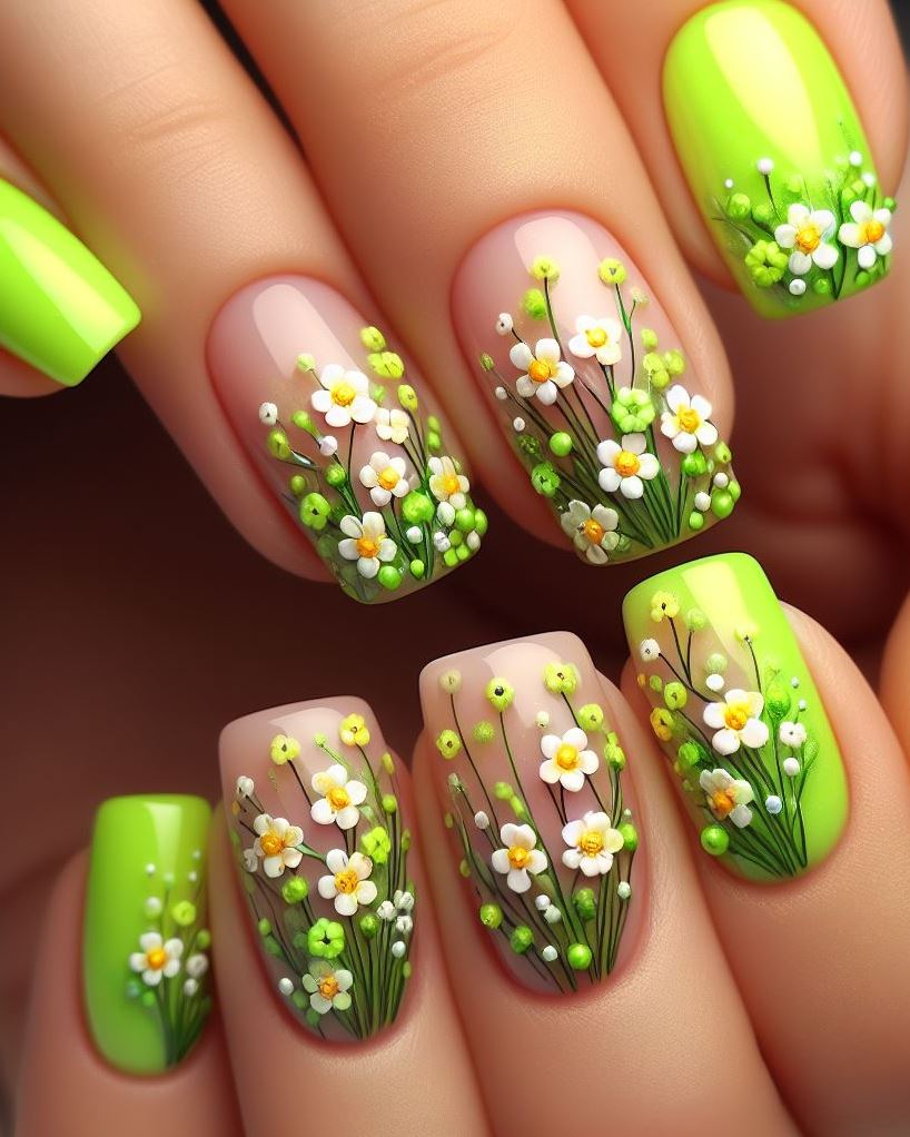 Spring has sprung! Celebrate the season with refreshing lime green flowers and delicate vines dancing across your nails.