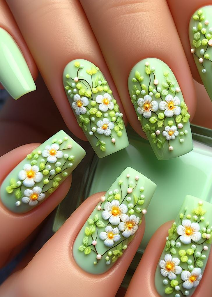 Channel your inner earth goddess with a nature-inspired design. Tiny lime green flowers and vines wind around your nails for a captivating, organic look.