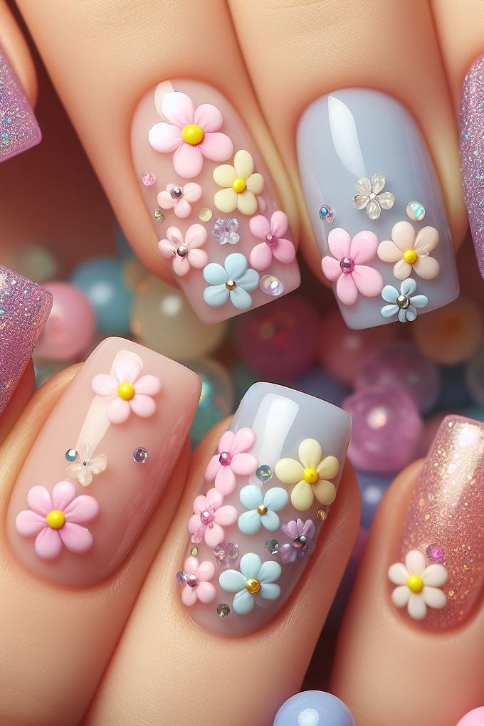 Feeling playful? ✨ Experiment with negative space designs in your pastel floral nail art for a touch of modern flair.