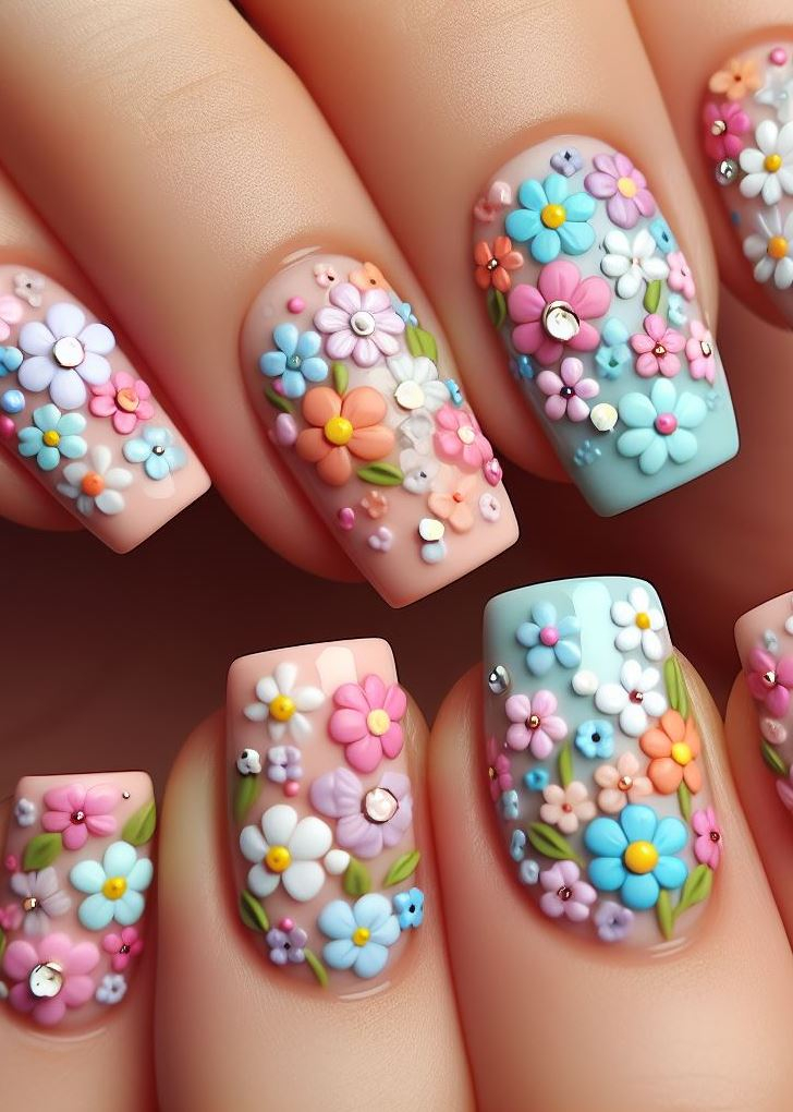 Let your nails bloom! This enchanting pastel floral nail art with tiny flowers and vines celebrates the beauty of spring in all its delicate glory. (Floral Nail Art Ideas)