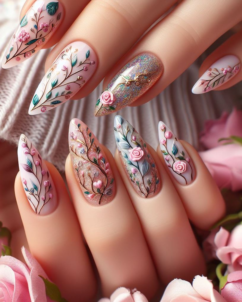 Feeling dreamy? ✨ This pastel floral nail art with tiny flowers and vines adds a touch of whimsy and femininity to your everyday look. (Floral Nail Art Ideas)