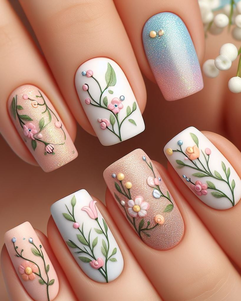 Channel your inner mermaid! ‍♀️ Combine shimmering pastel shades with tiny flowers and vines for a captivating underwater-inspired floral nail art design.