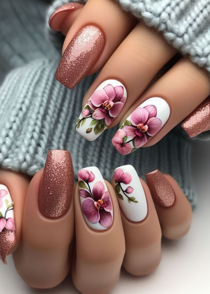 Embrace the night! Create a dramatic look with deep purple or black hues as your base color, then add delicate white or silver lilies and vines. (Floral Nail Art Ideas)