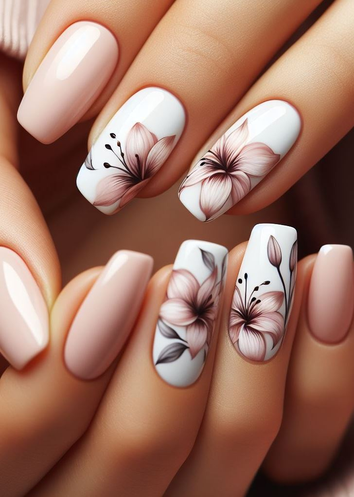 Feeling artsy? ✨ Explore watercolor techniques for your lily floral nail art, creating a soft and ethereal look. (Floral Nail Art Ideas)