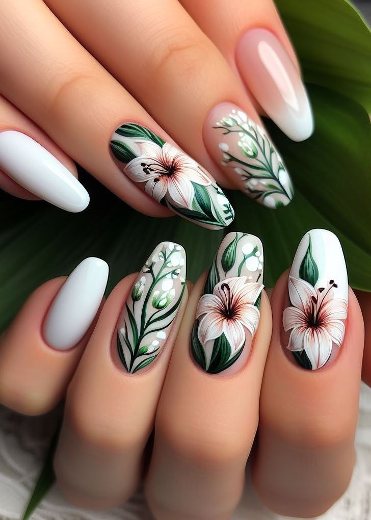 Combine shimmering ocean hues with a pearly white base and delicate lily blooms for a captivating underwater-inspired look. (Floral Nail Art Ideas)