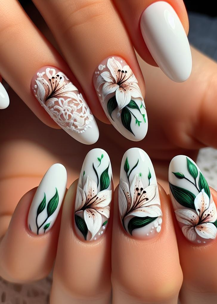 French mani with a twist! Recreate the classic design with elegant lily silhouettes at the tips for a unique and romantic touch. 