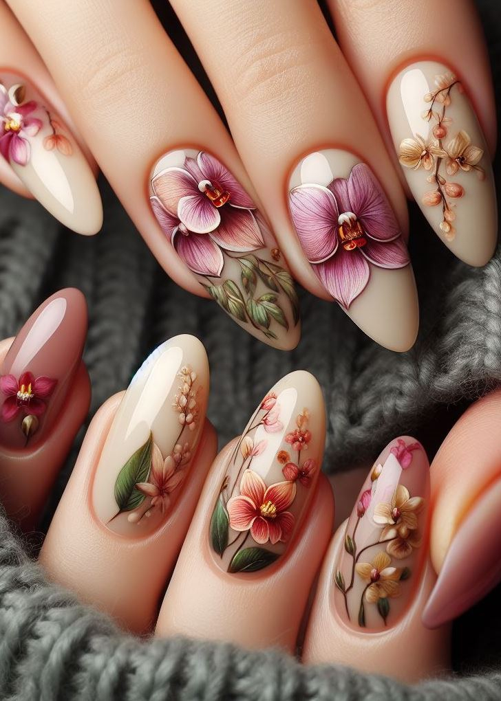 Feeling playful? ✨ This lily floral nail art design incorporates tiny flowers and vines in a rainbow of pastel shades for a whimsical touch. (Floral Nail Art Ideas)