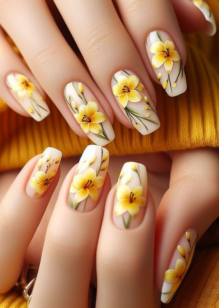 Summer chic! Opt for vibrant shades of pink or peach for your lily floral nail art with tiny flowers and vines for a fresh summer look. (Floral Nail Art Ideas)