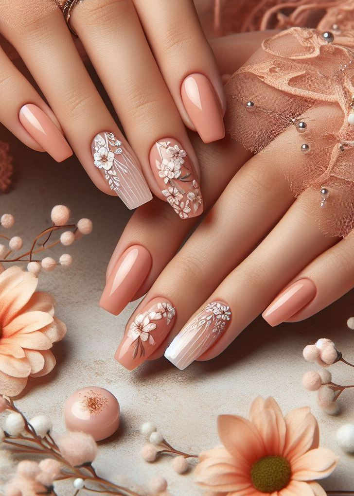 Gradient magic! Create a soft ombre effect with a peach base transitioning to a nude shade, then add tiny flowers and vines in complementary colors. (Floral Nail Art Ideas)