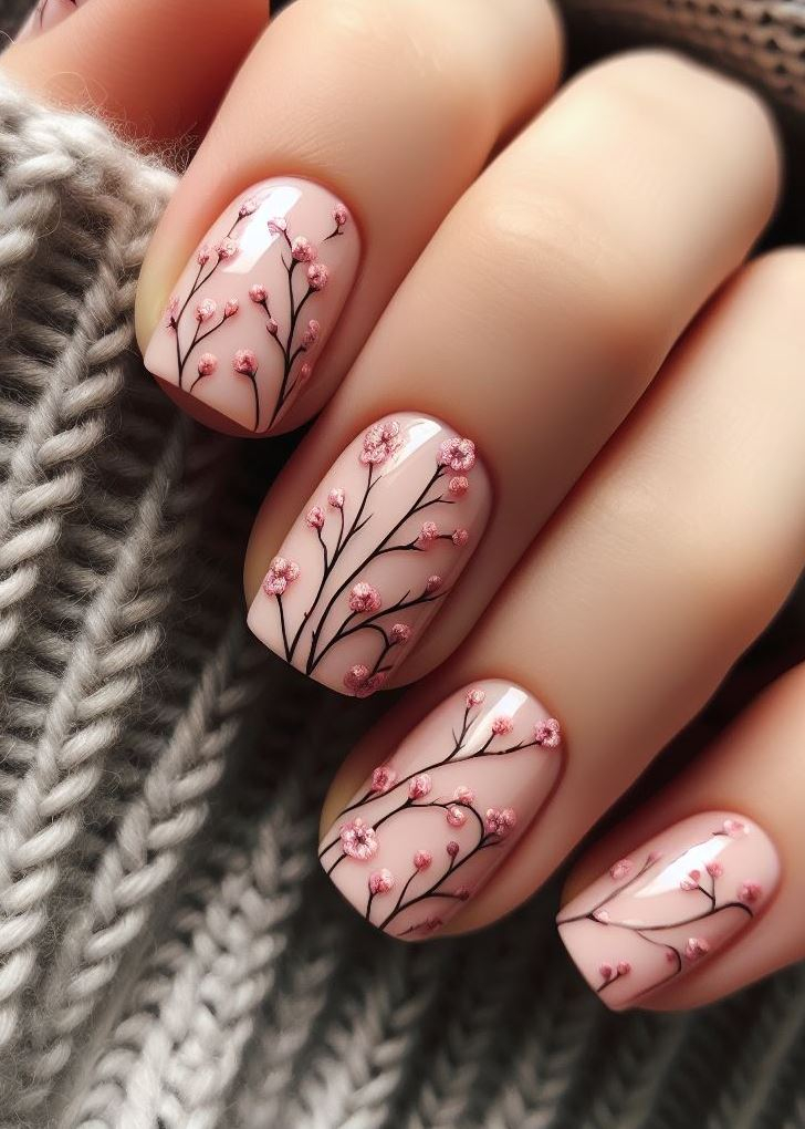 Minimalist vibes! ✨ Keep it simple and chic with single peach blooms and delicate green vines for a modern take on floral nail art.