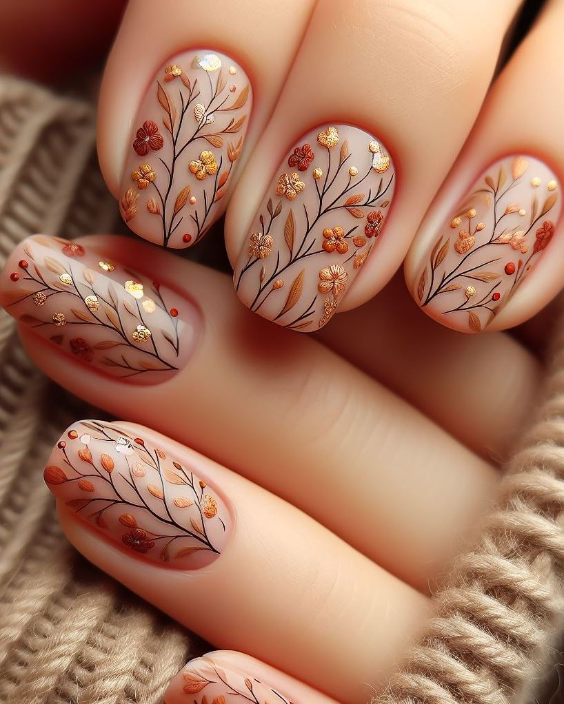 Metallic magic! Elevate your peach floral nail art with a touch of gold or rose gold accents for a touch of sophistication.