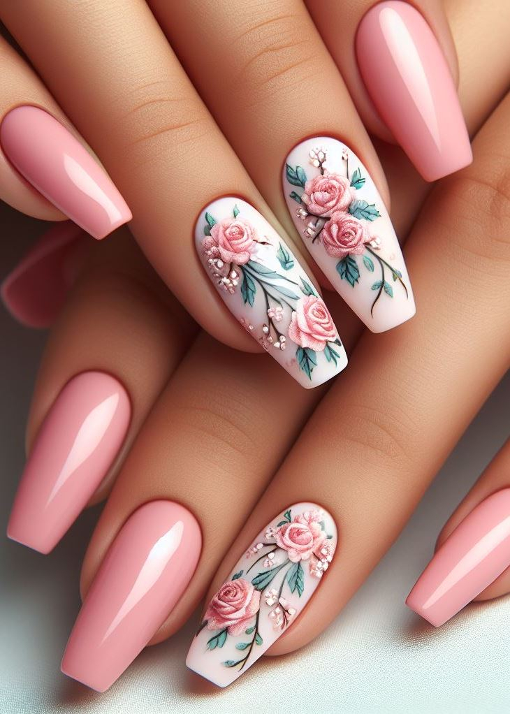 Pretty in pink! This playful pink tiny flowers and vines nail art design is perfect for adding a touch of sweetness and femininity to your fingertips. (Floral Nail Art Ideas)