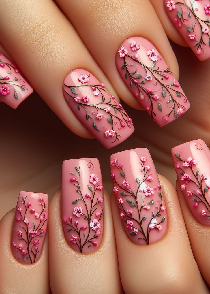 Calling all minimalists! Keep it simple and chic with single pink blooms and delicate vines for a modern take on floral nail art.