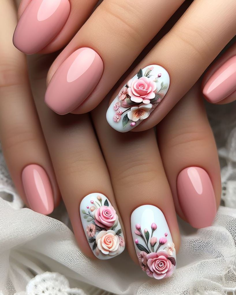 Don't be afraid to be bold! Experiment with contrasting colors for your pink floral nail art design, like black accents or a vibrant base color.